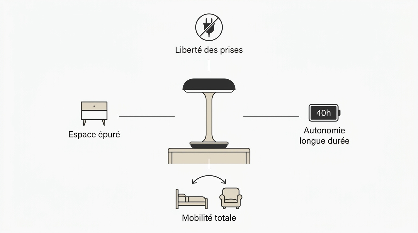 Lampe de chevet design sans fil posée sur une table de nuit épurée