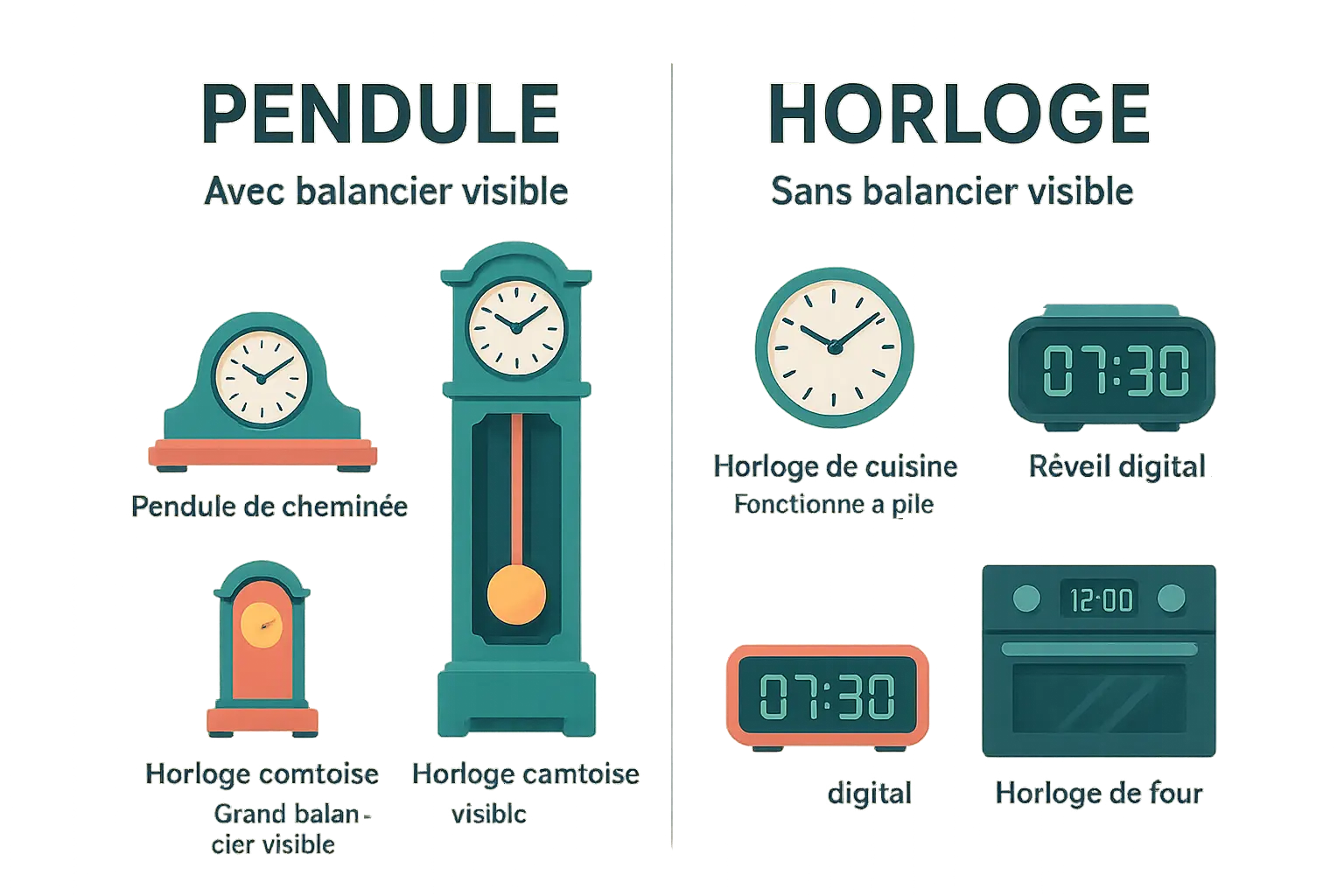 Pendule et horloge en comparaison visuelle