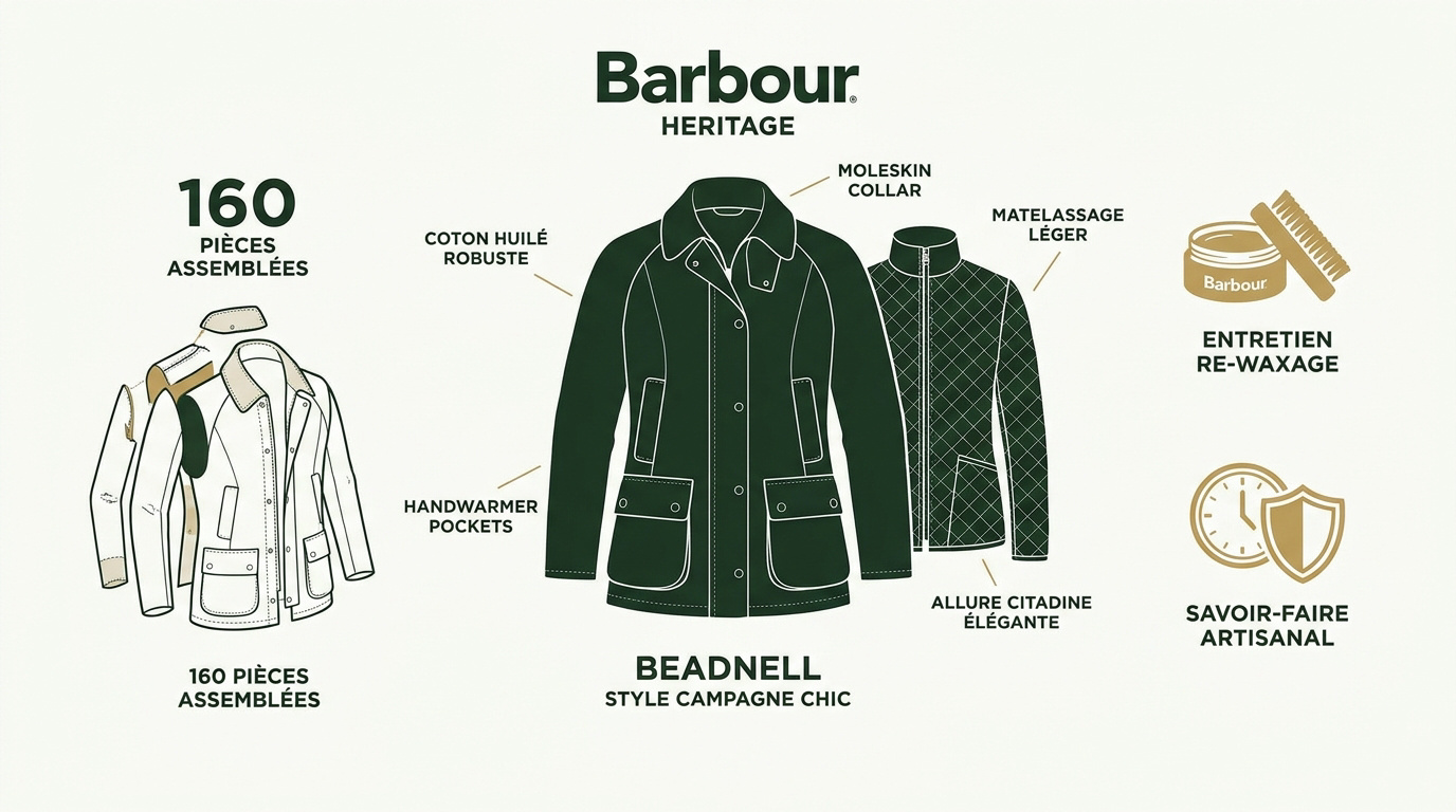 Détail du savoir-faire artisanal et des finitions d'une veste Barbour héritage