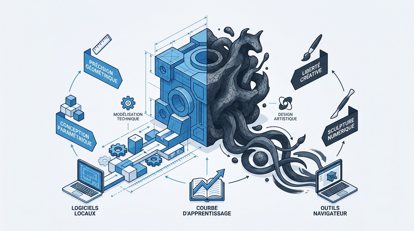 Infographie comparant la CAO paramétrique et la sculpture numérique polygonale
