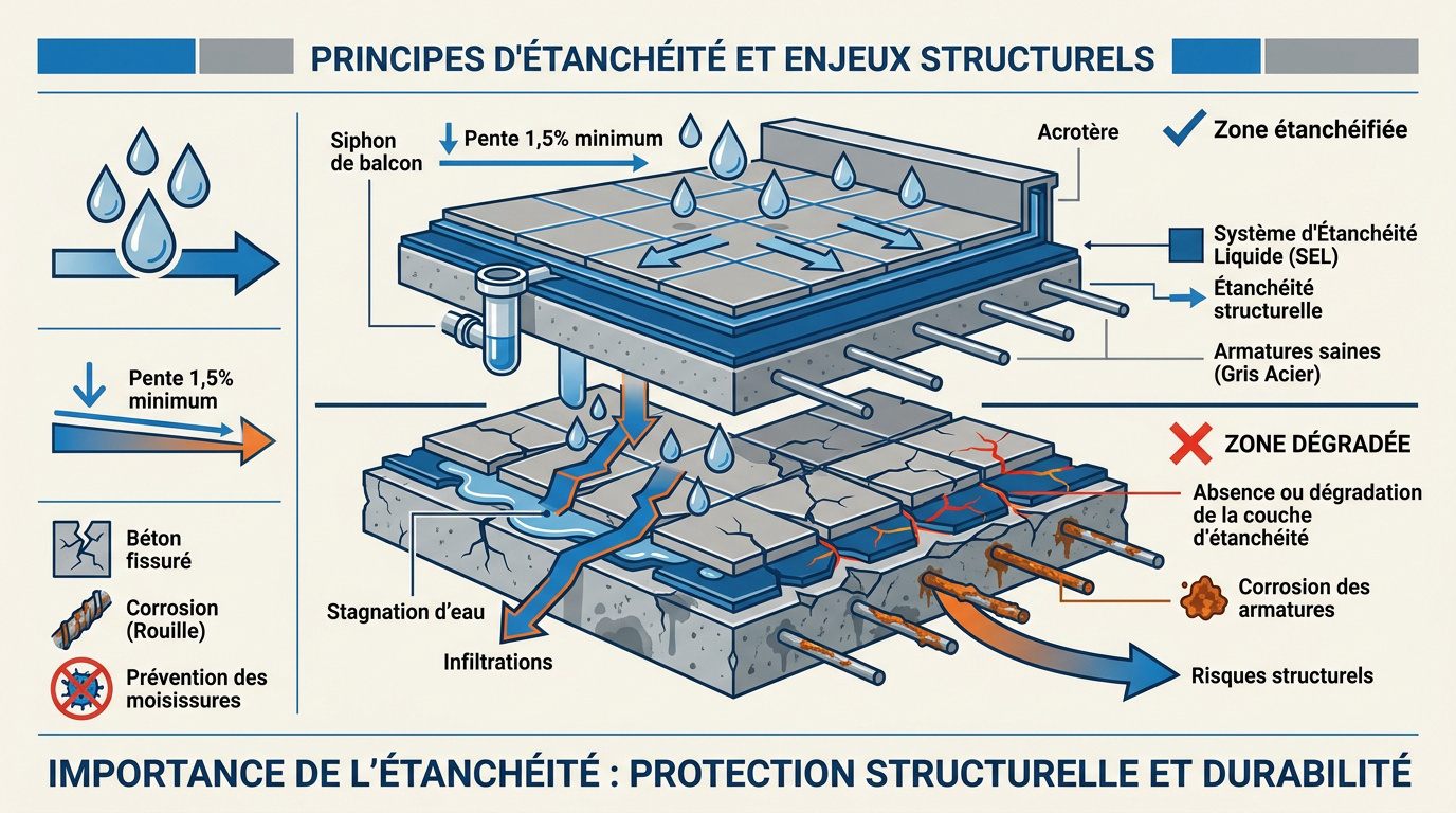 Schéma technique de l'étanchéité sous carrelage pour balcon et terrasse