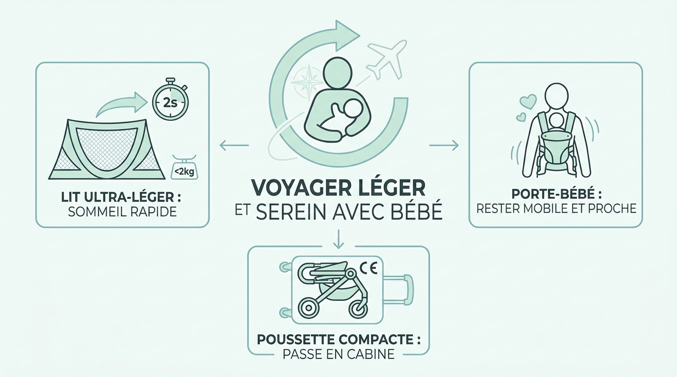 Bébé confortablement installé dans son équipement de voyage léger