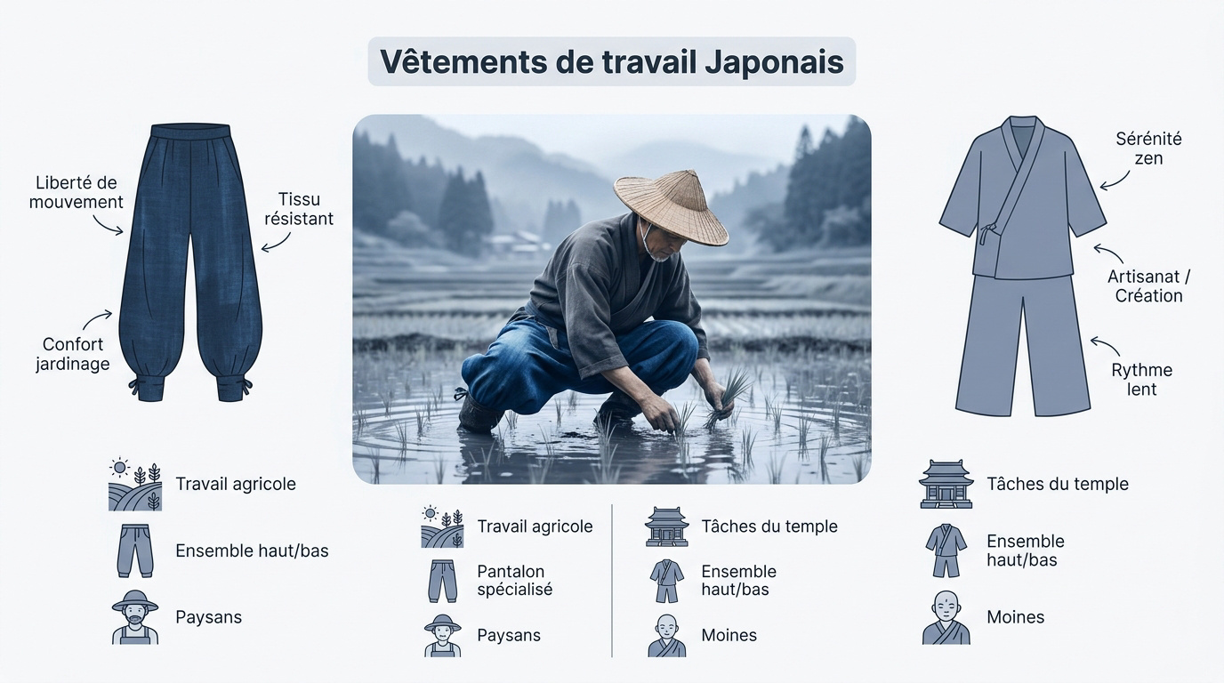 Vêtements de travail traditionnels japonais monpe et samu-e en coton
