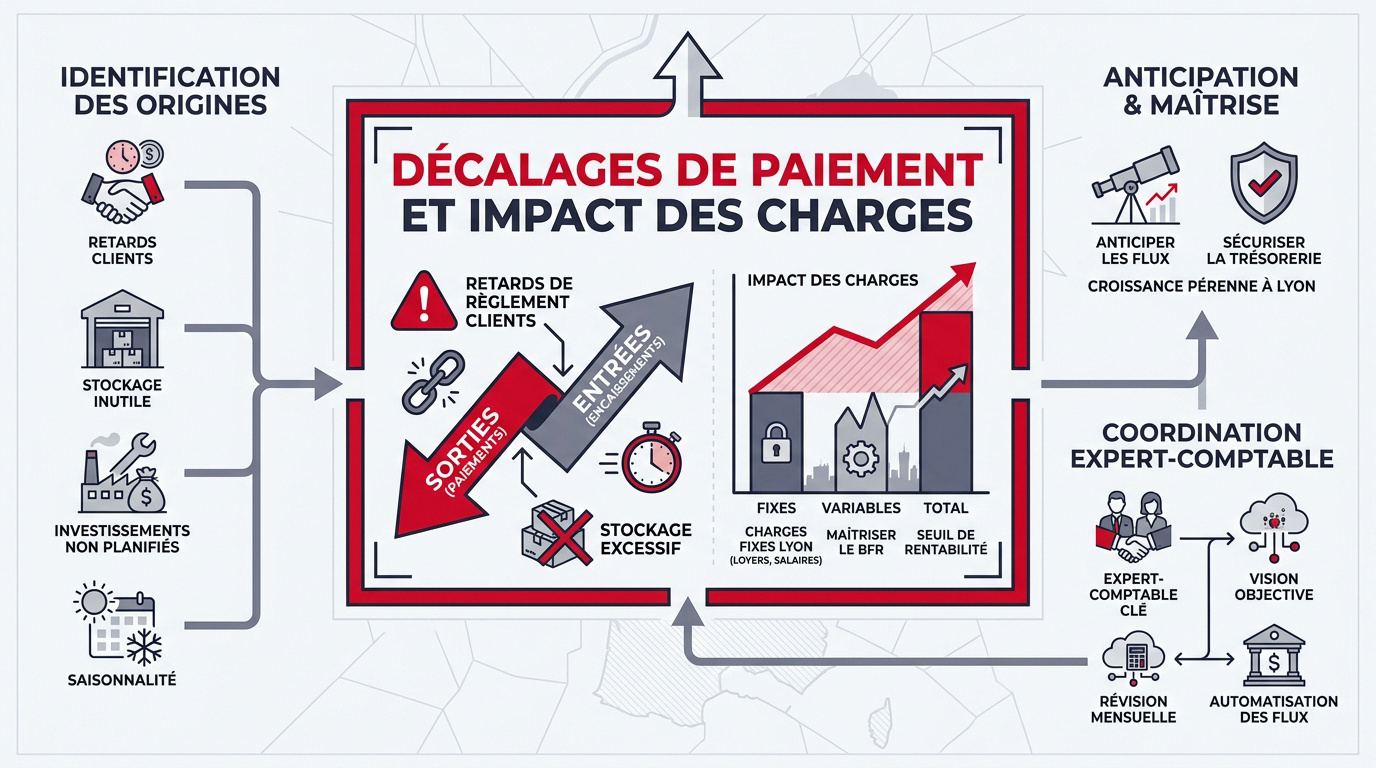 Infographie détaillant la gestion des flux de trésorerie et des charges fixes pour une entreprise lyonnaise