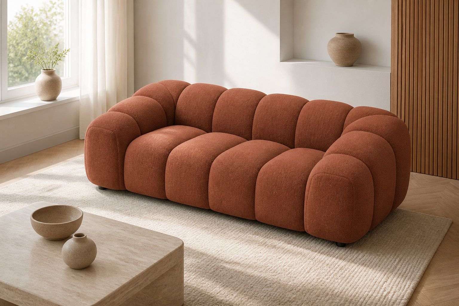 Canapé nuage 3 places en velours texturé terracotta - AVA