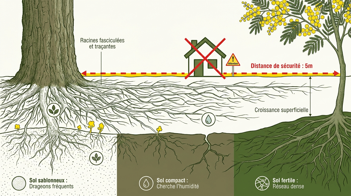 Infographie expliquant l'extension des racines de mimosa et les distances de sécurité recommandées