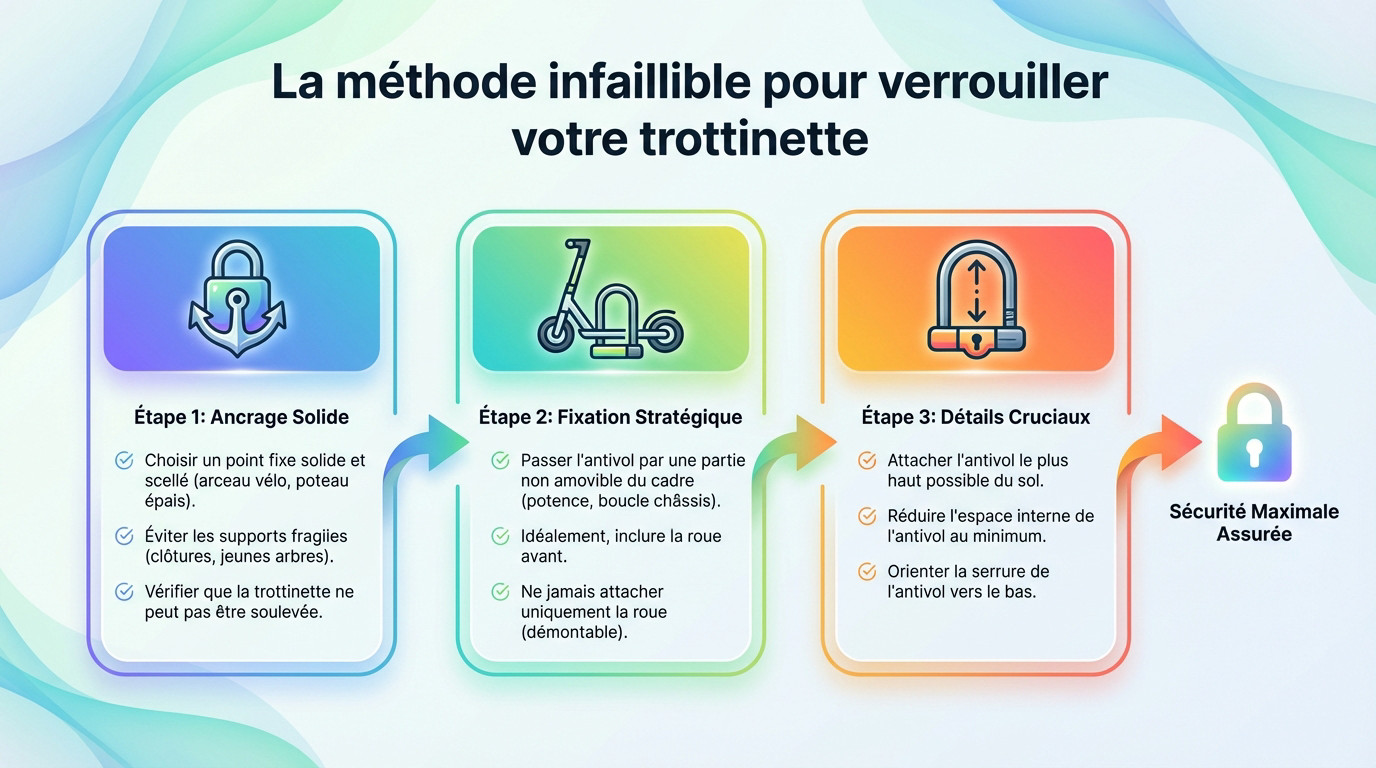 Illustration d'une trottinette électrique correctement sécurisée avec un antivol en U sur un point fixe