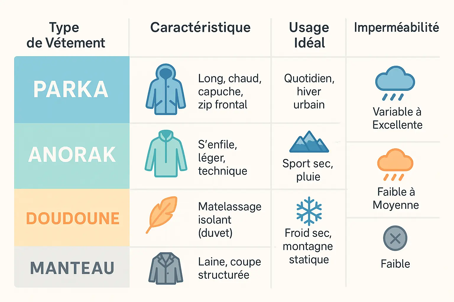 Comparaison visuelle des parkas, anoraks, doudounes et manteaux