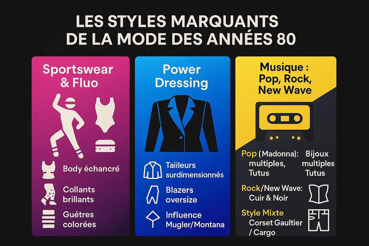 Modes des années 80 représentées par des looks sportswear fluo, power dressing et rock gothique
