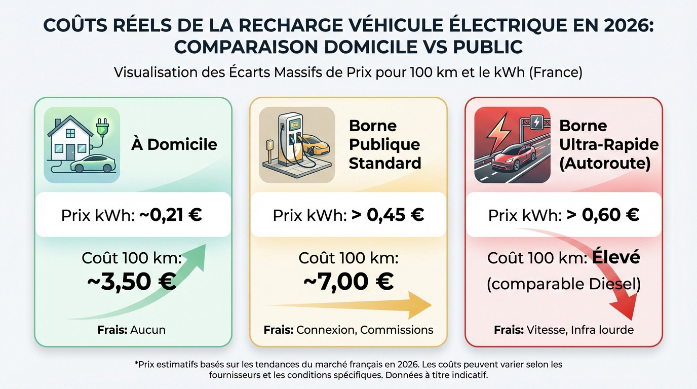 Comparatif coût recharge voiture électrique domicile vs borne publique 2026