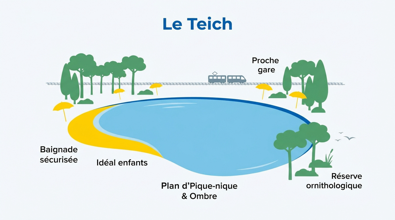 Bassin de baignade aménagé au Teich entouré de pins et de sable fin