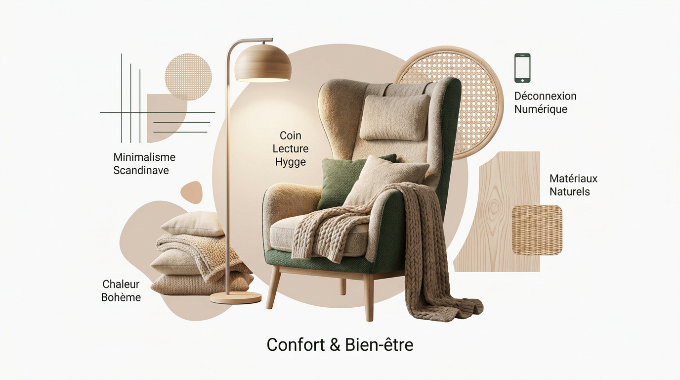 Aménagement d'un coin lecture hygge avec fauteuil confortable et lumière chaude