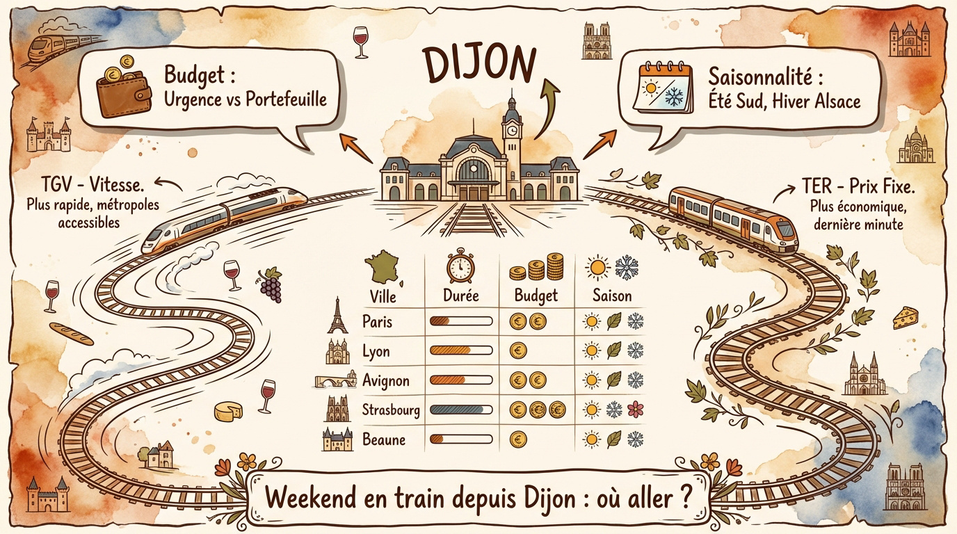Voyageurs en gare de Dijon consultant les horaires de train pour un weekend