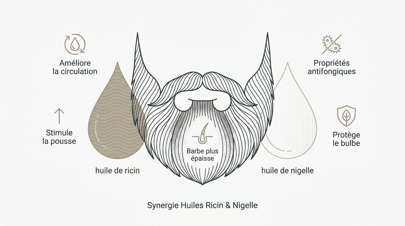 Synergie d'huiles de ricin et de nigelle pour le soin de la barbe