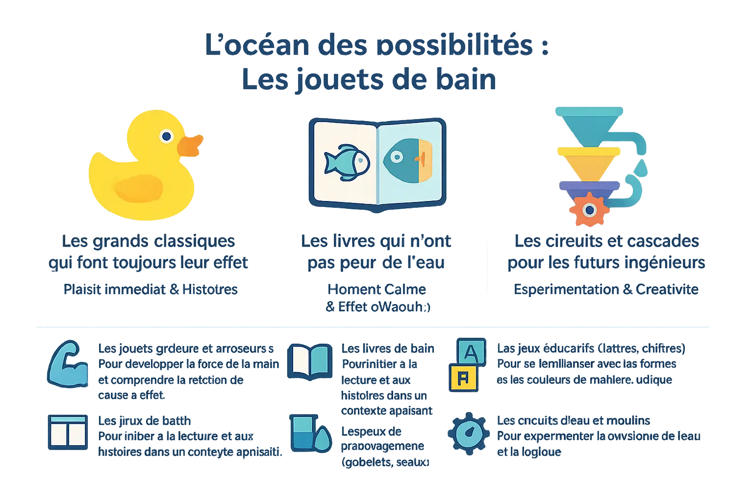 Illustration d'enfants jouant avec divers jouets de bain colorés