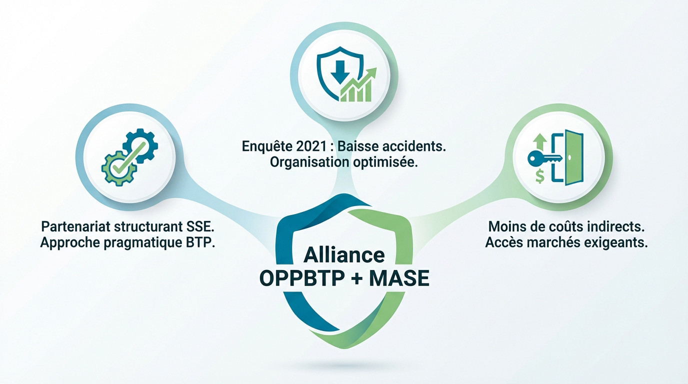 Graphique illustrant les bénéfices clés de l'alliance OPPBTP et MASE pour les entreprises du BTP
