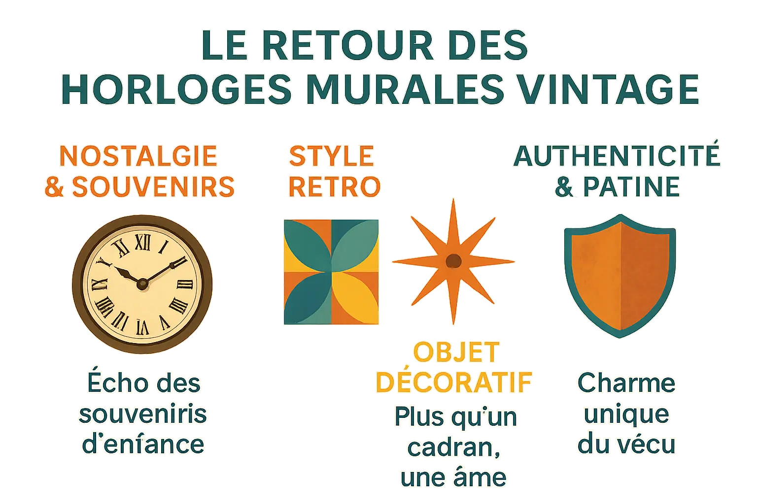 Horloge murale vintage en bois et métal patiné, style années 70
