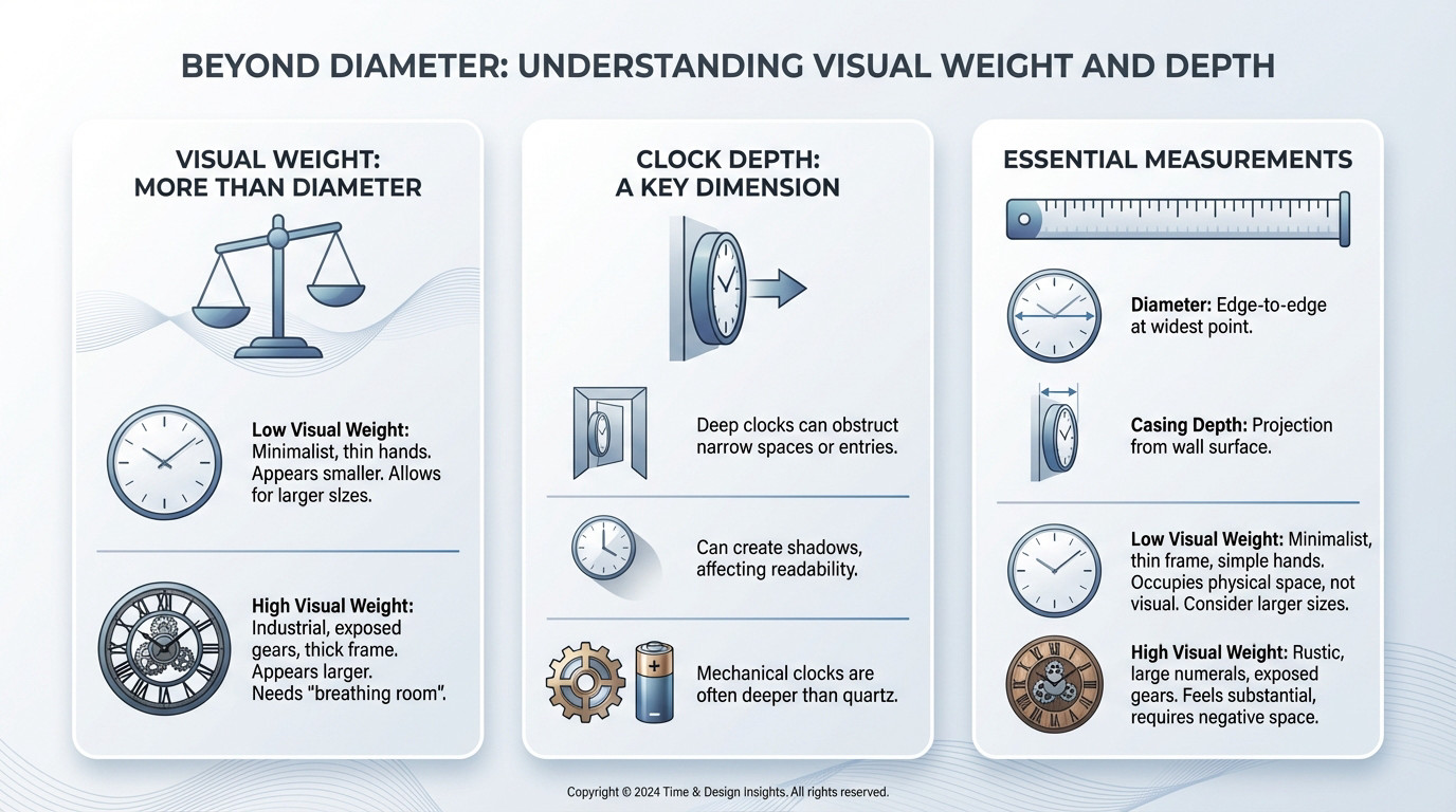 Illustration comparing visual weight and depth of different wall clock styles
