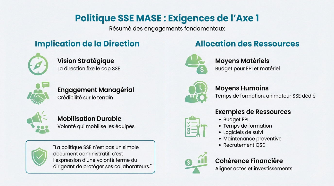 Exigences de l'axe 1 politique SSE MASE : engagement de la direction et ressources