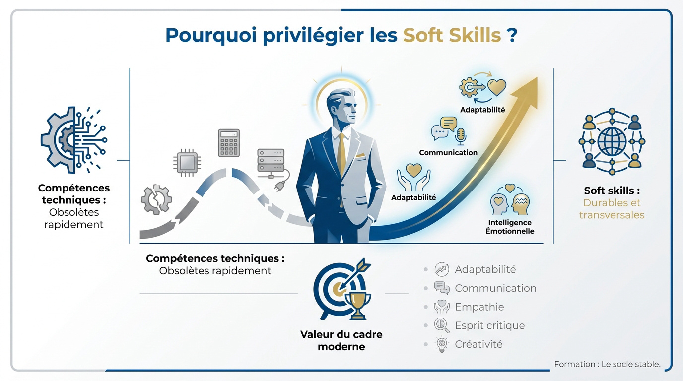 Infographie comparant la durabilité des soft skills face à l'obsolescence des hard skills pour les cadres en entreprise