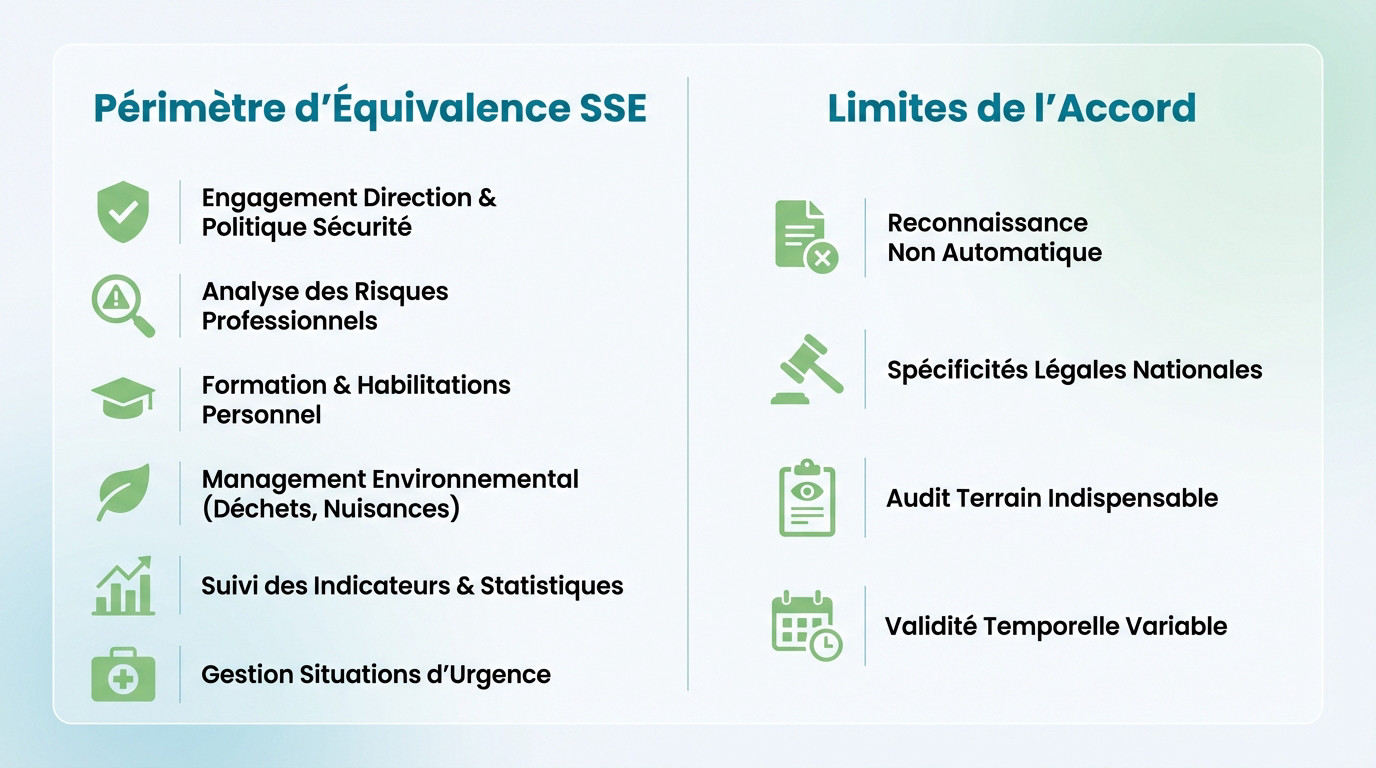 Schéma illustrant le périmètre technique et les limites de l'équivalence entre les certifications MASE et VCA