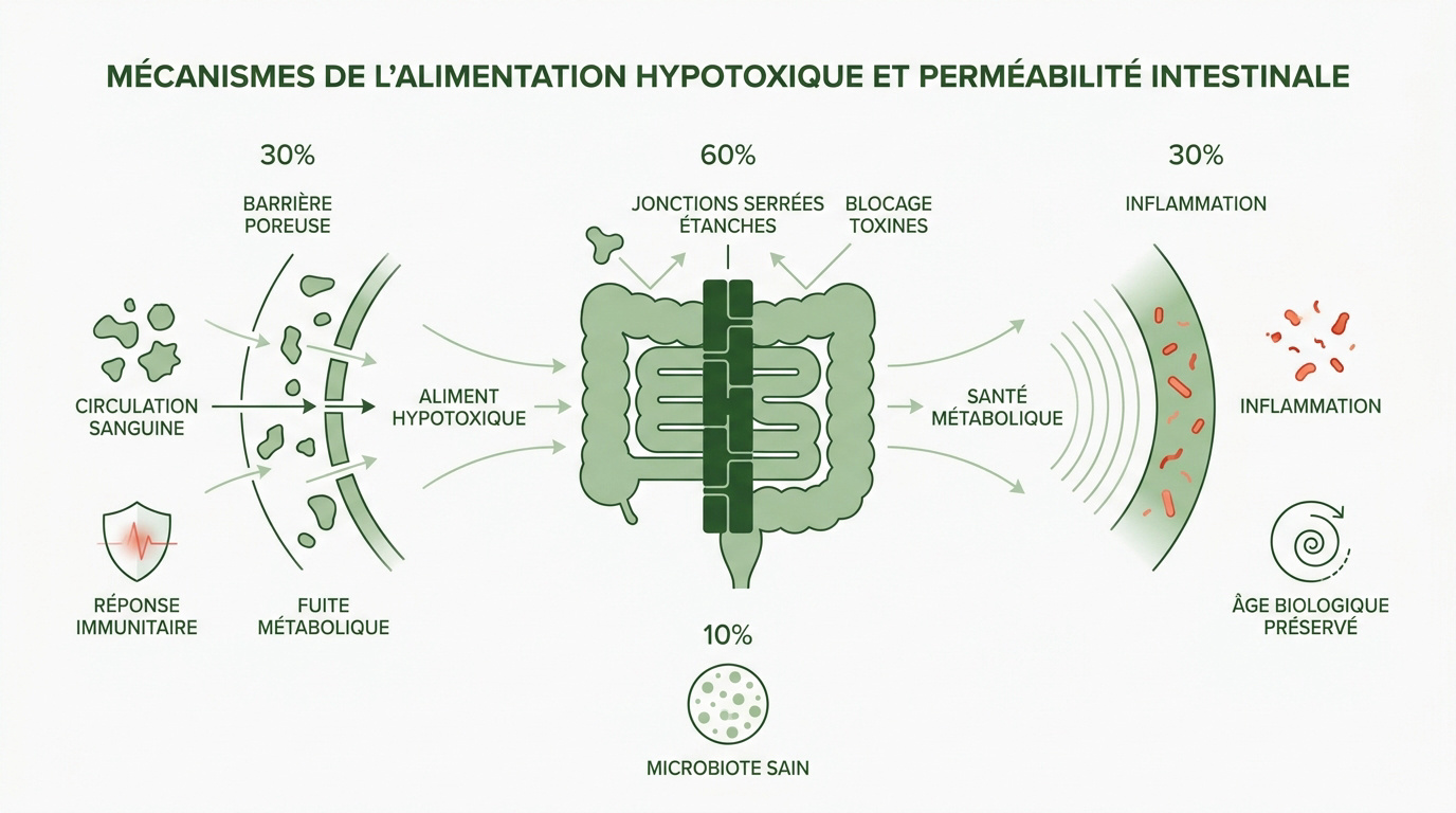 Schéma des jonctions serrées intestinales et impact de l'alimentation hypotoxique sur la perméabilité