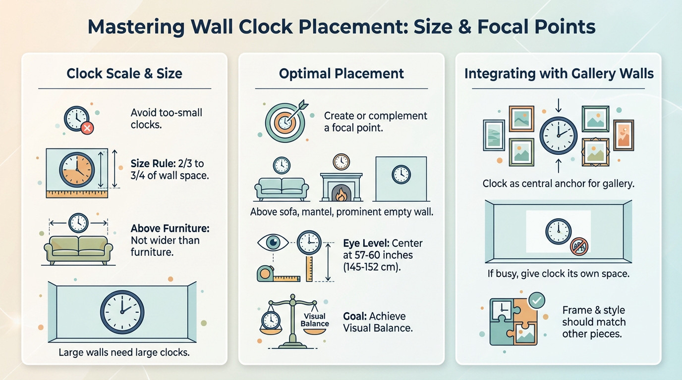 Living room interior showing optimal wall clock placement and size relative to furniture