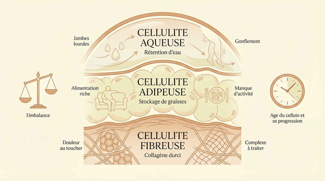 Infographie comparative des trois types de cellulite : aqueuse, adipeuse et fibreuse