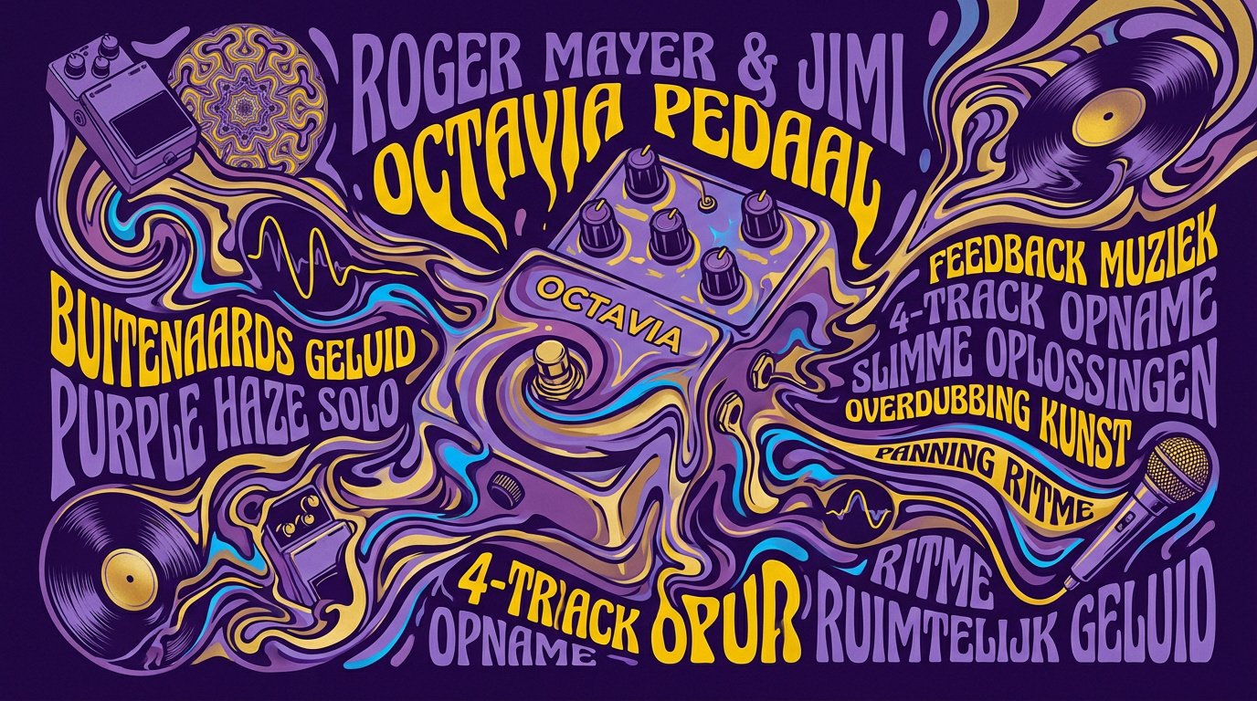 Psychedelische illustratie van een Octavia effectpedaal gebruikt door Jimi Hendrix