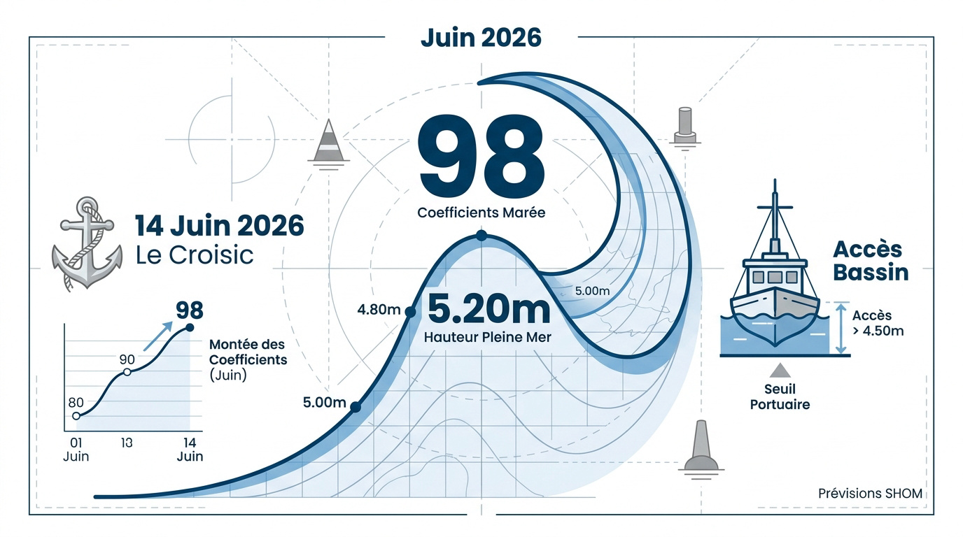 Graphique des prévisions de marée au Croisic pour le 14 juin 2026 montrant les amplitudes et coefficients