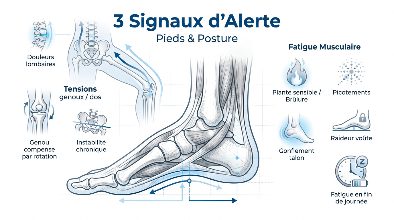 Douleur sous la voûte plantaire : causes et soulagement Illustration des signaux d'alerte pour les pieds et la posture