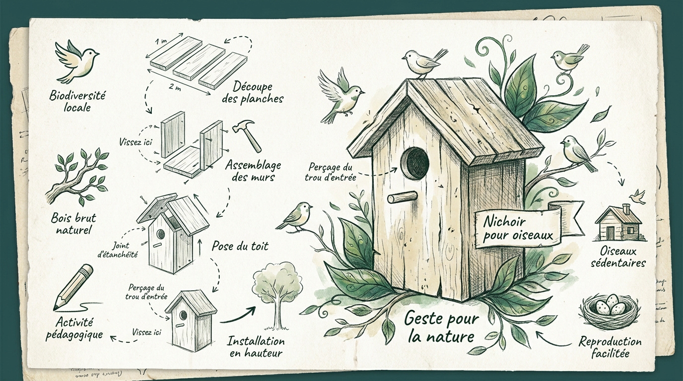Infographie détaillée pour apprendre à construire un nichoir à oiseaux en bois brut avec les bonnes dimensions