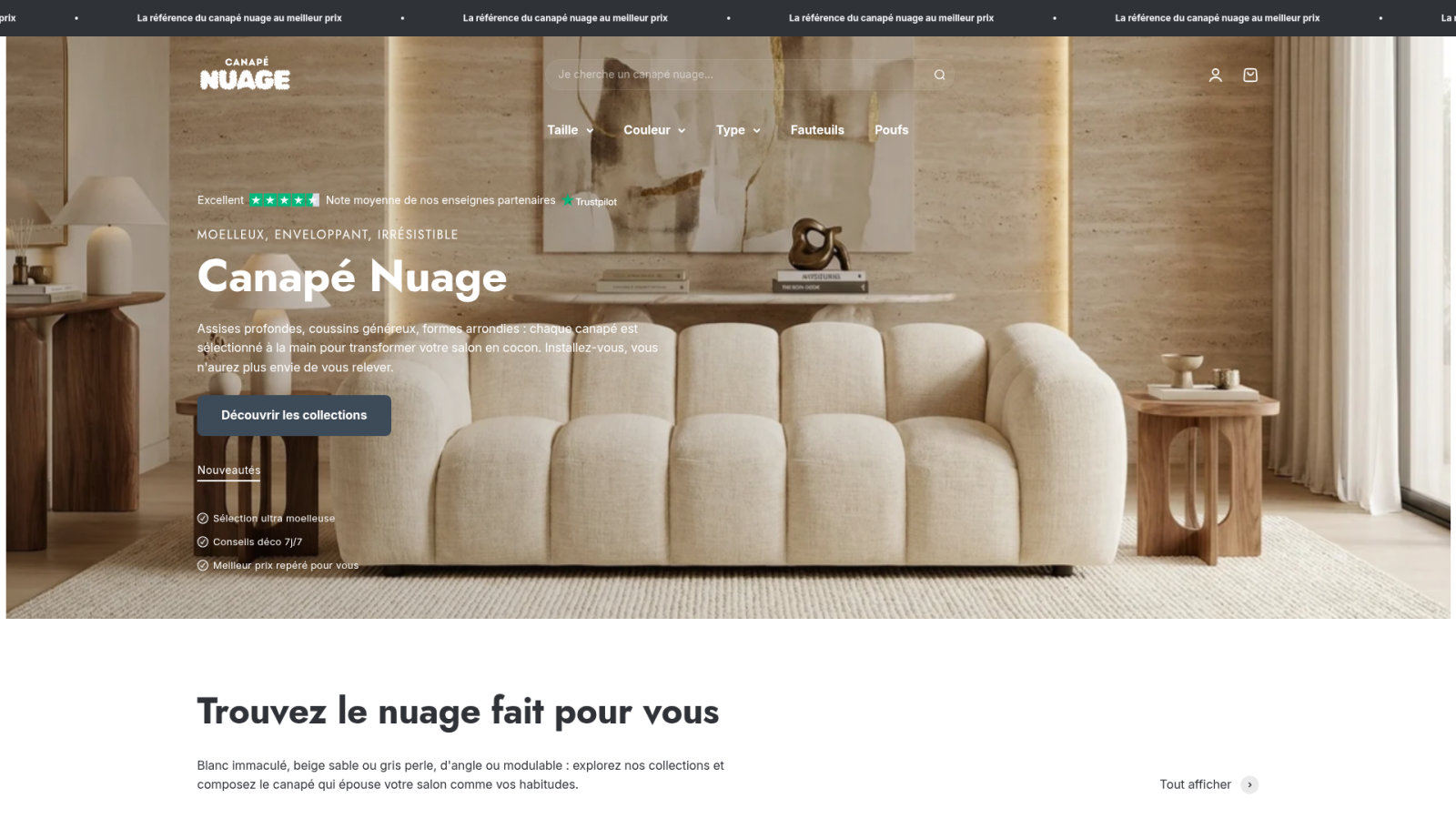 Canapé nuage 3 places en velours texturé gris clair - AVA