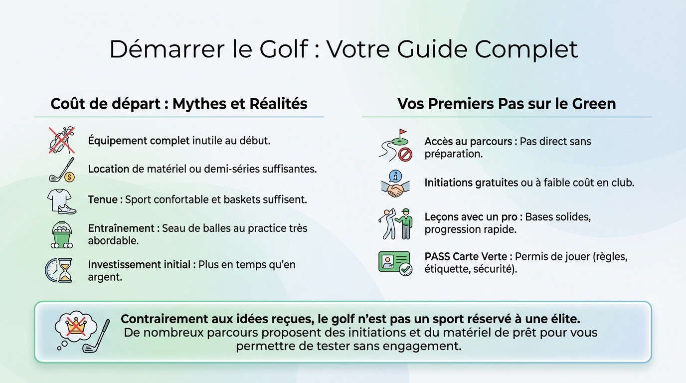 Golfeur débutant s'entraînant au practice avec une demi-série de clubs