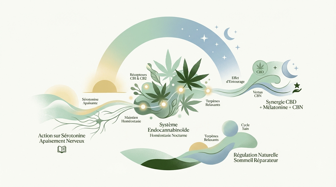 Schéma explicatif de l'interaction du CBD avec le système endocannabinoïde pour la régulation du sommeil