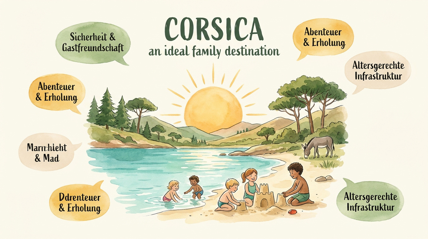 Glückliche Familie an einem flachen Sandstrand auf Korsika