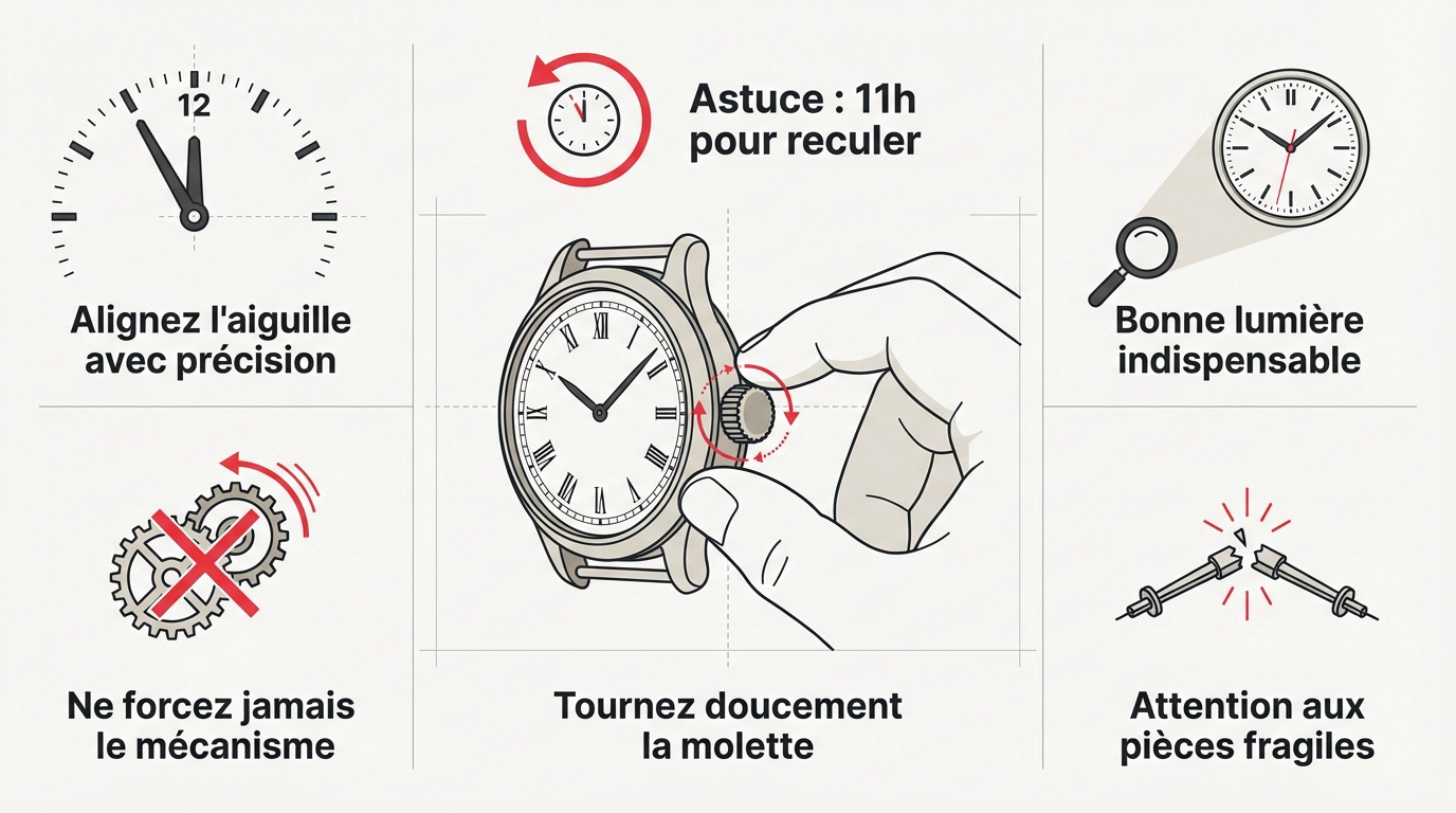 Personne ajustant délicatement les aiguilles d'un réveil mécanique vintage avec précision