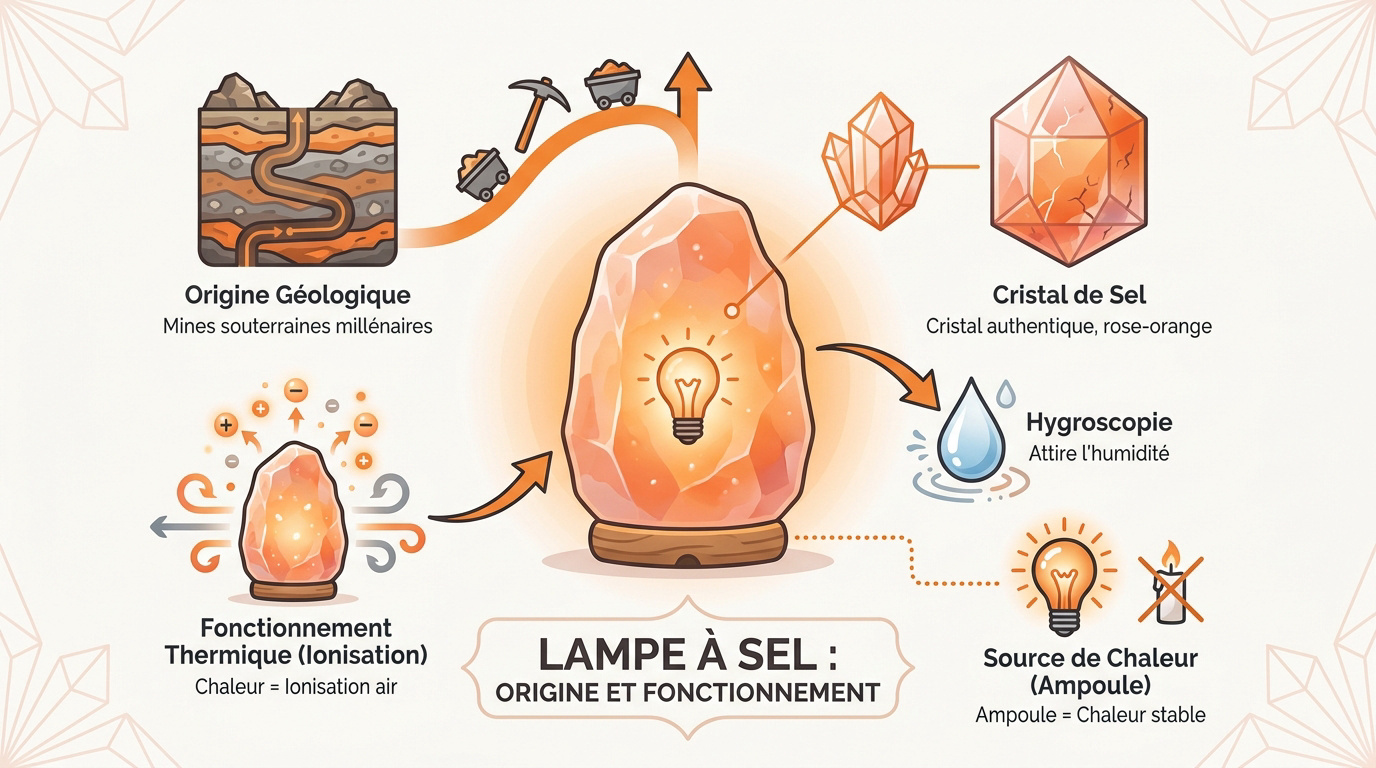 Lampe de sel gemme allumée diffusant une lumière orangée chaleureuse