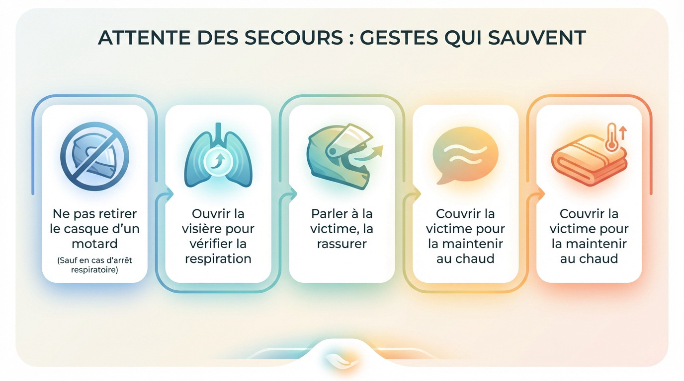 Secouriste vérifiant l'état d'un motard au sol sans retirer le casque