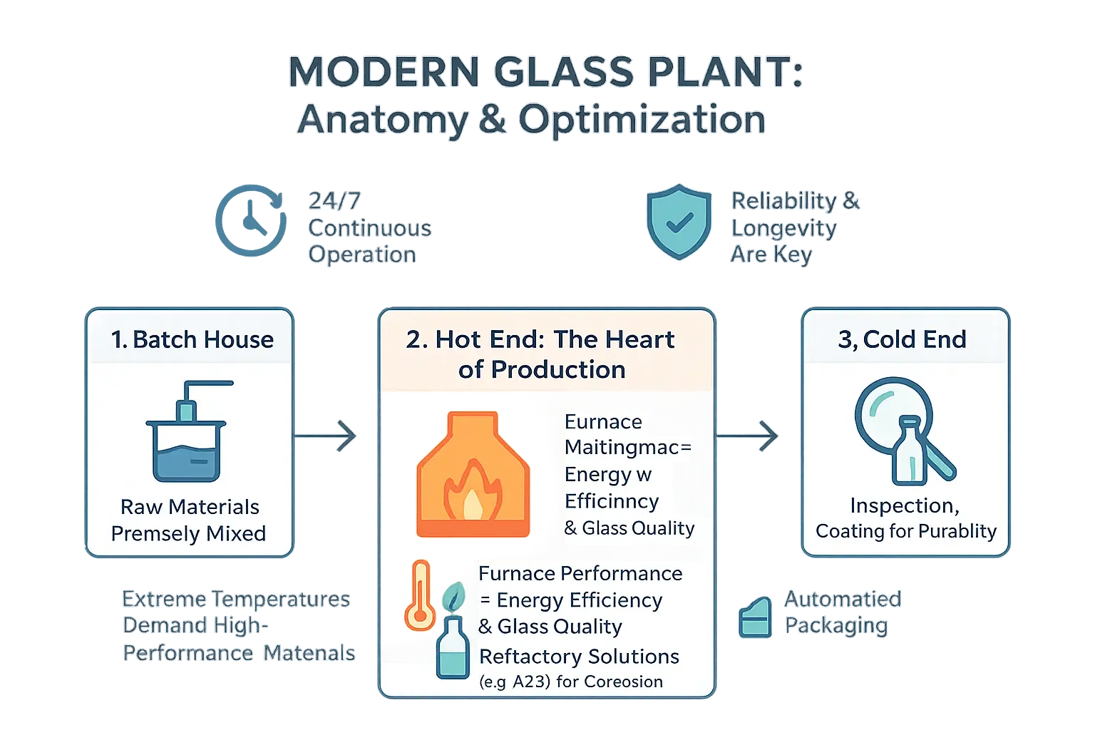 Modern glass plant anatomy showing batch house, hot end, and cold end operations