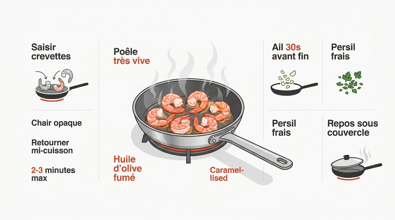 Infographie montrant la technique pour saisir des crevettes parfaites à la poêle