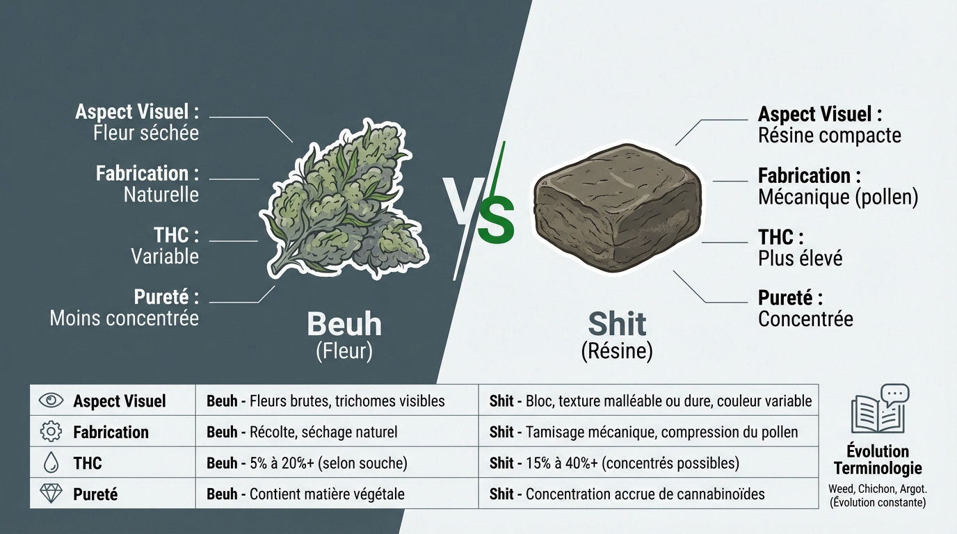 Comparaison visuelle entre fleurs de cannabis et résine de haschisch