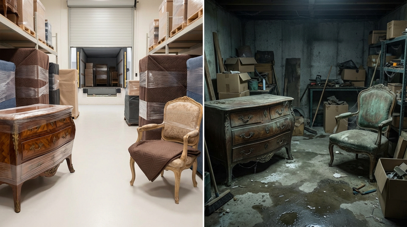 Comparaison entre garde-meuble professionnel et stockage à domicile risqué pour meubles anciens