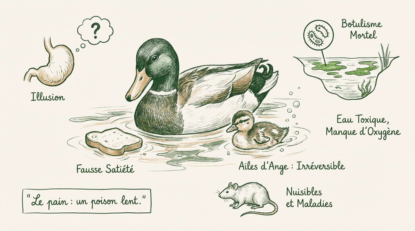 Canard sauvage refusant du pain pour protéger sa santé