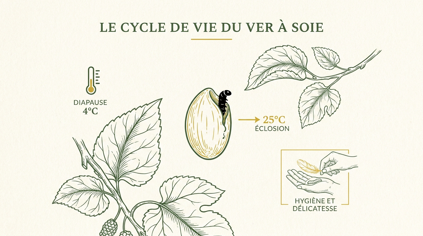 Cycle de vie du ver à soie montrant les œufs et les jeunes larves sur des feuilles de mûrier
