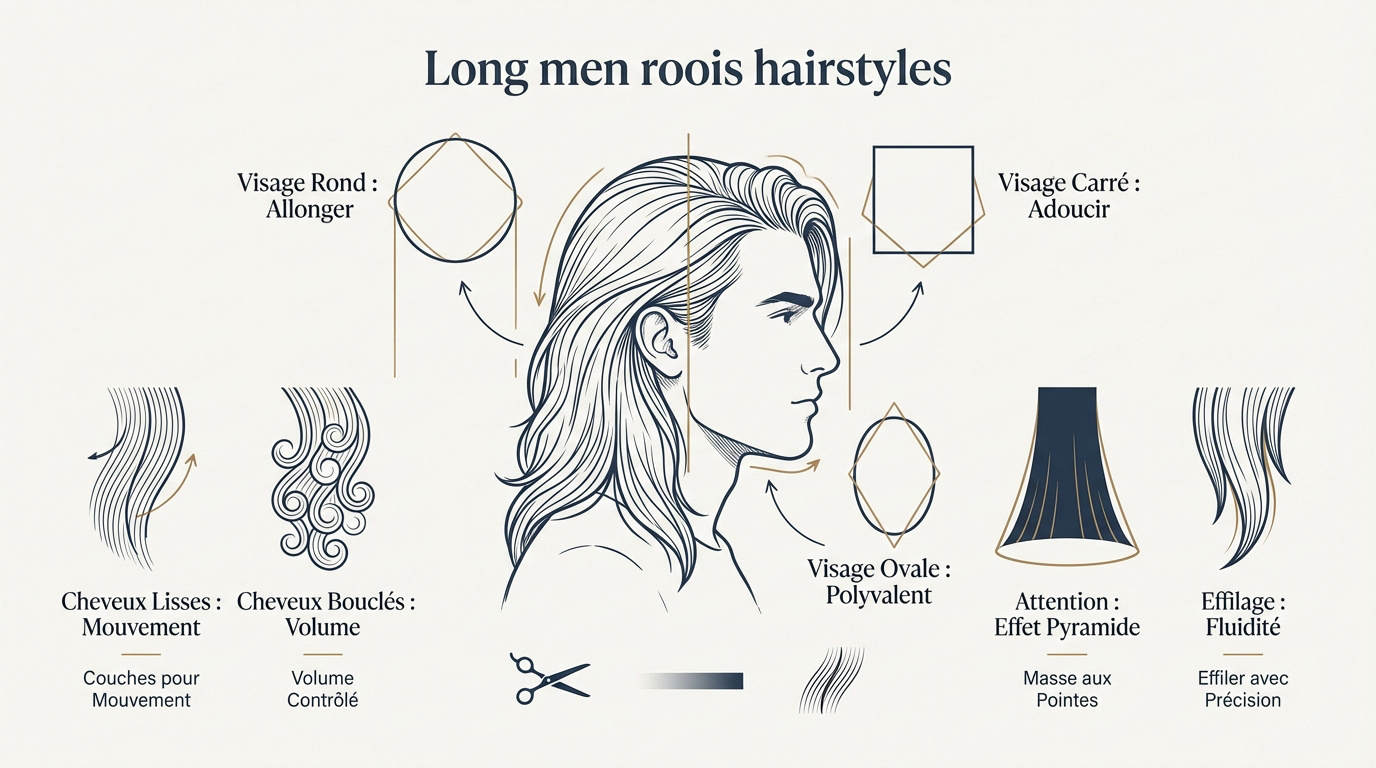 Guide des styles de coiffure cheveux long homme selon la forme du visage