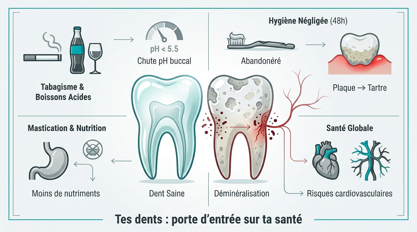 Schéma montrant l'impact des bactéries buccales sur l'émail dentaire et les gencives