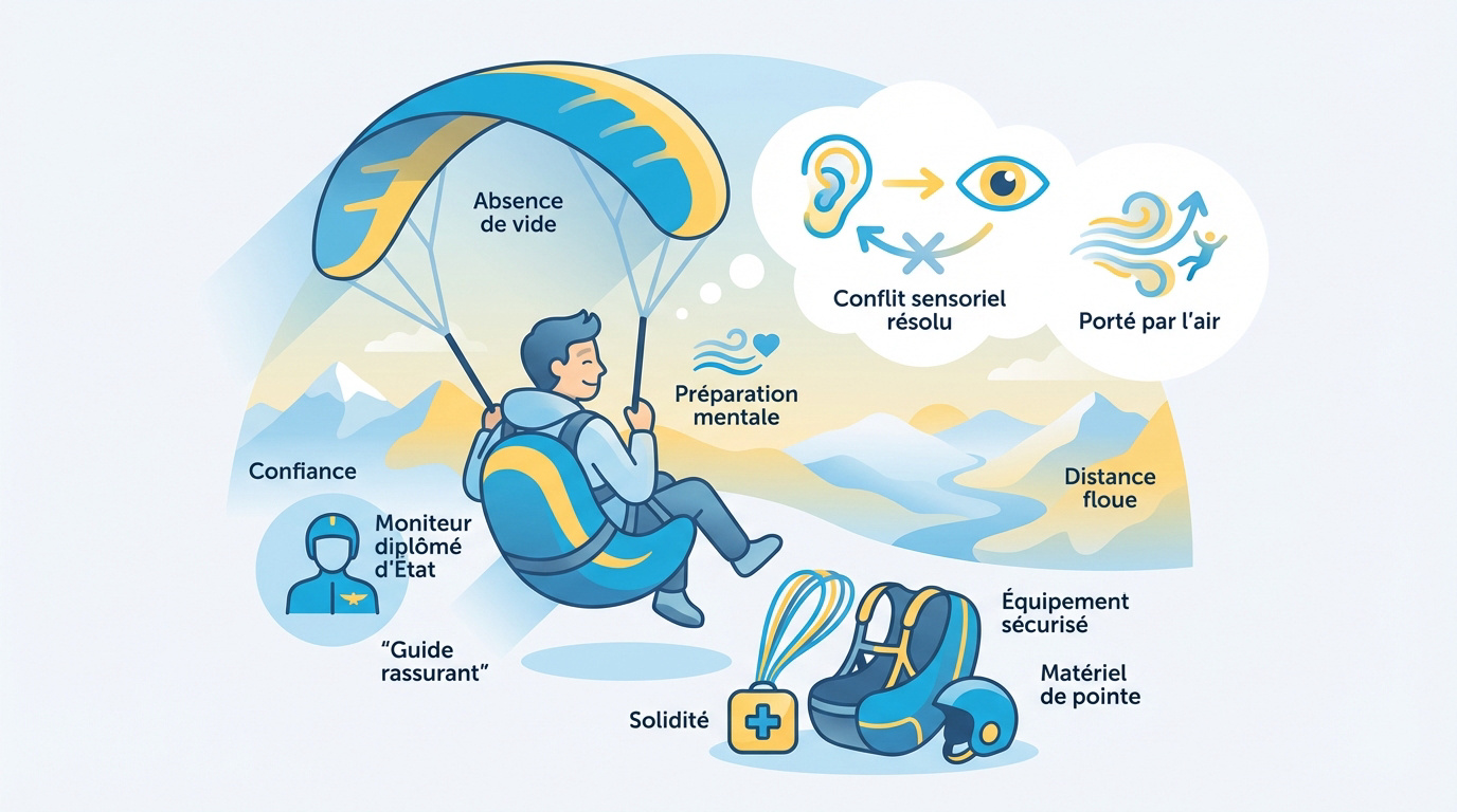 Passager et moniteur en plein vol de baptême en parapente au-dessus d'un paysage montagneux