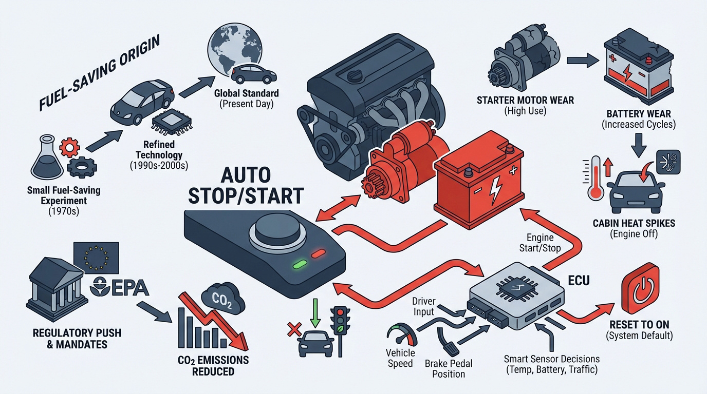 Technical diagram of an automotive auto start-stop system mechanism
