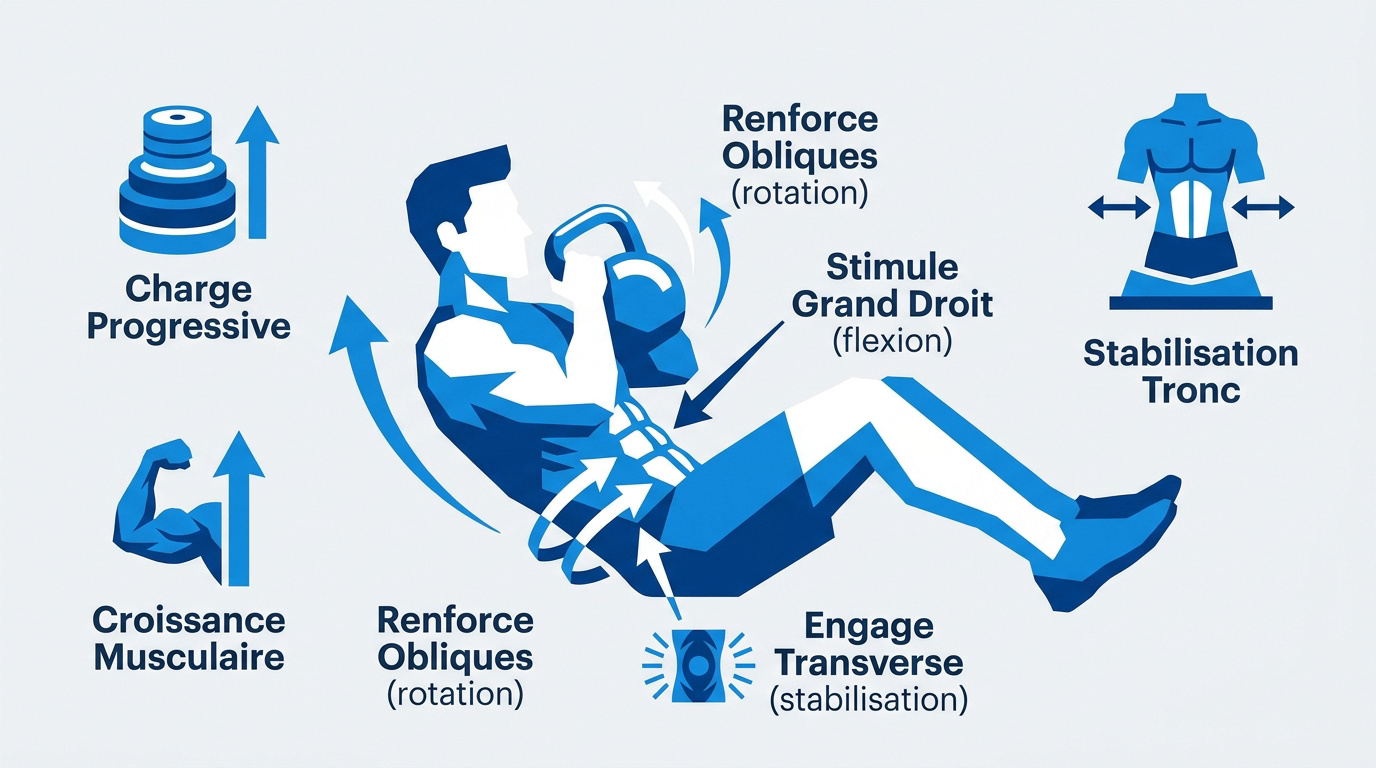 Infographie montrant différents exercices d'abdominaux avec kettlebell pour renforcer la sangle abdominale